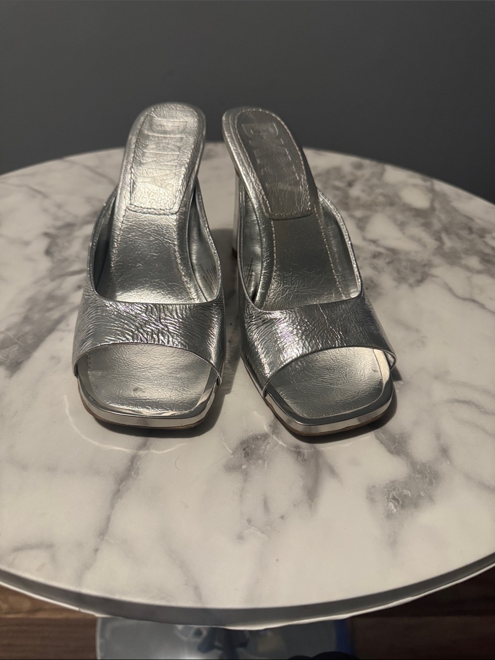 DKNY Silver Metallic Open-Toe Slide Mules